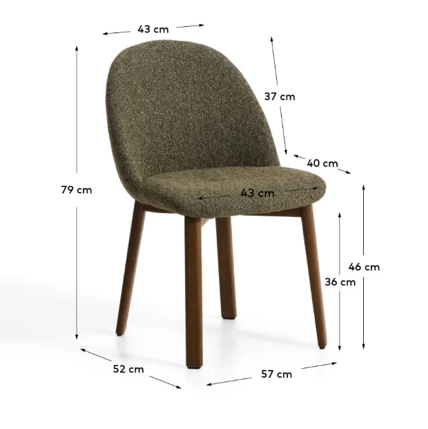 Meila chair in green chenille with legs in walnut finish
