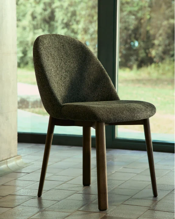 Meila chair in green chenille with legs in walnut finish