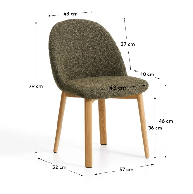 Meila chair in green chenille with legs in natural finish