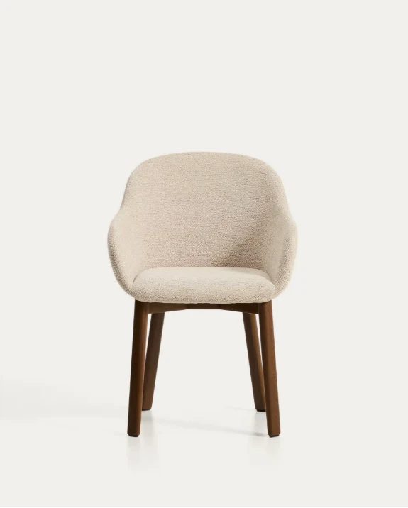 Meila chair with armrests in beige chenille with legs in walnut finish