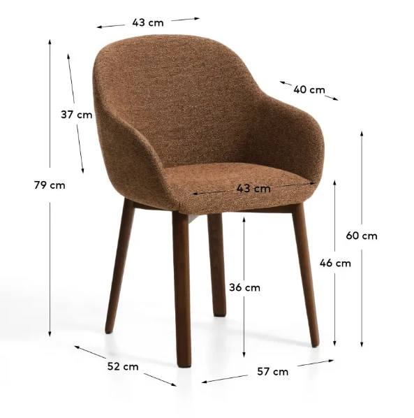 Meila chair with armrests in terracotta chenille with legs in walnut finish