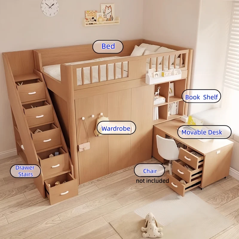 Lit mezzanine tout-en-un gain de place pour enfant avec armoire, bibliothèque et bureau intégrés