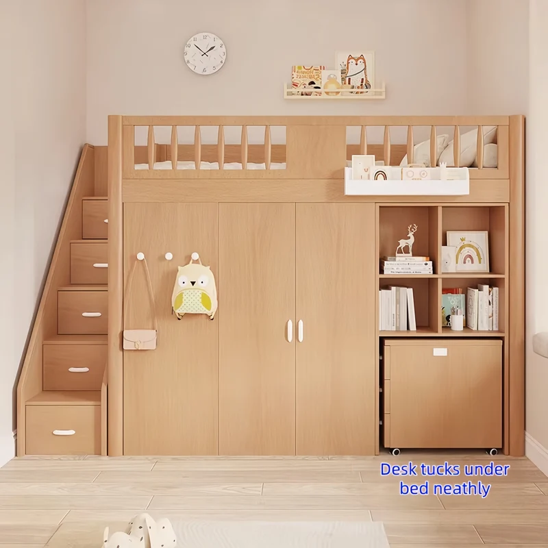Lit mezzanine tout-en-un gain de place pour enfant avec armoire, bibliothèque et bureau intégrés