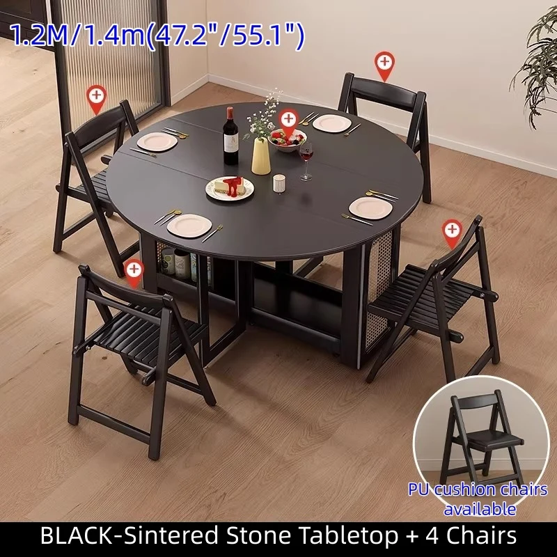 Ensemble table de salle à manger ronde à double abattant avec 4 chaises pliantes
