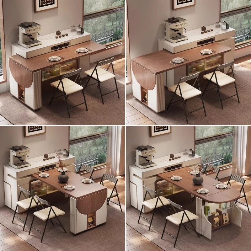 Îlot de cuisine multifonctionnel avec table pivotante à 180° et plateau semi-circulaire rabattable