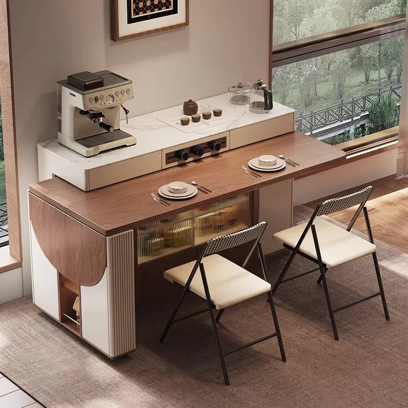 Îlot de cuisine multifonctionnel avec table pivotante à 180° et plateau semi-circulaire rabattable