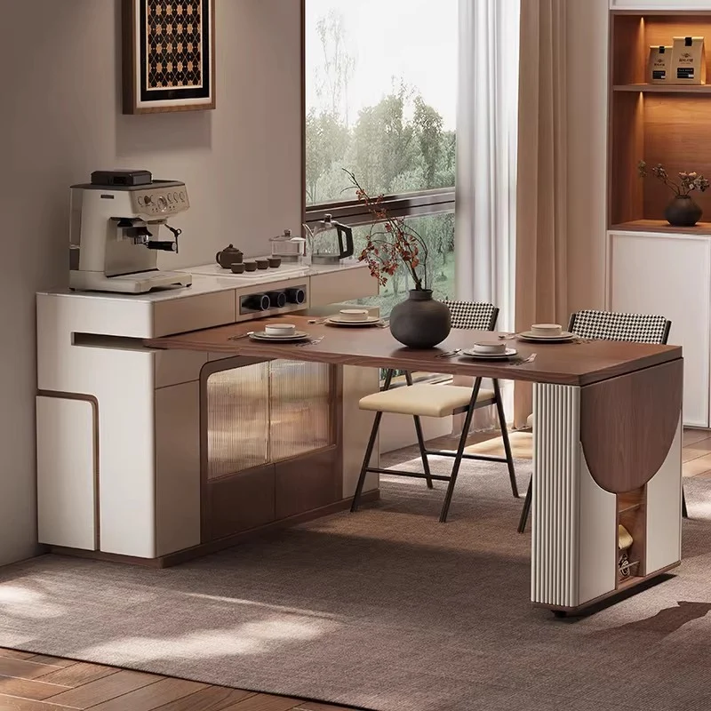 Îlot de cuisine multifonctionnel avec table pivotante à 180° et plateau semi-circulaire rabattable