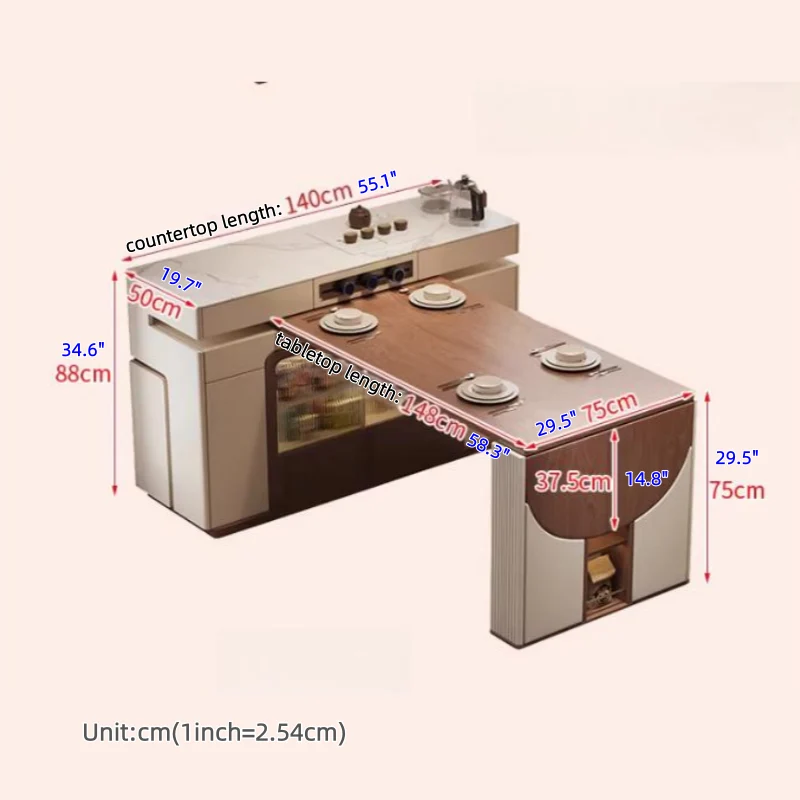Îlot de cuisine multifonctionnel avec table pivotante à 180° et plateau semi-circulaire rabattable