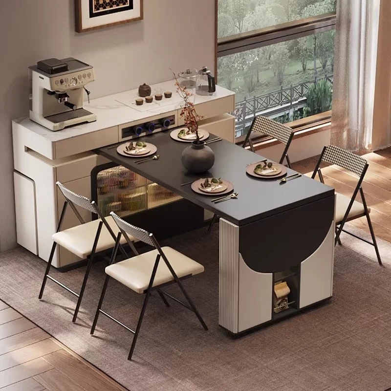 Îlot de cuisine multifonctionnel avec table pivotante à 180° et plateau semi-circulaire rabattable