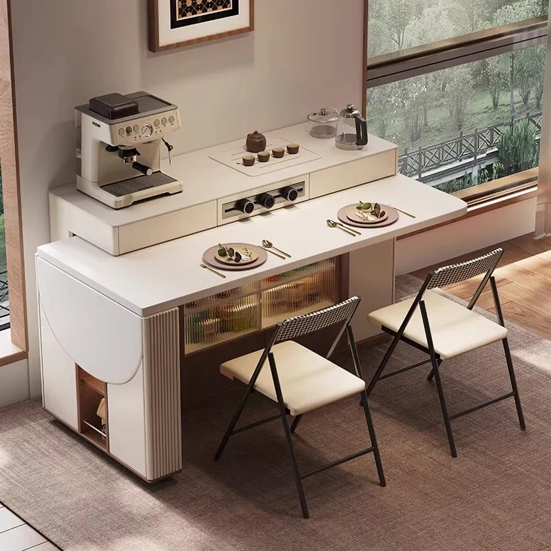 Îlot de cuisine multifonctionnel avec table pivotante à 180° et plateau semi-circulaire rabattable