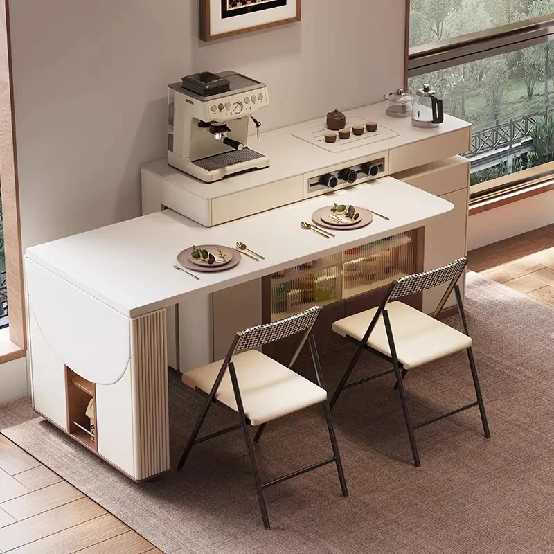 Îlot de cuisine multifonctionnel avec table pivotante à 180° et plateau semi-circulaire rabattable