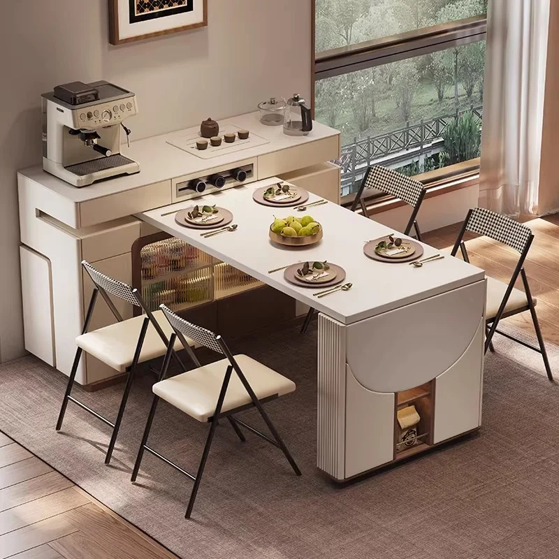Îlot de cuisine multifonctionnel avec table pivotante à 180° et plateau semi-circulaire rabattable