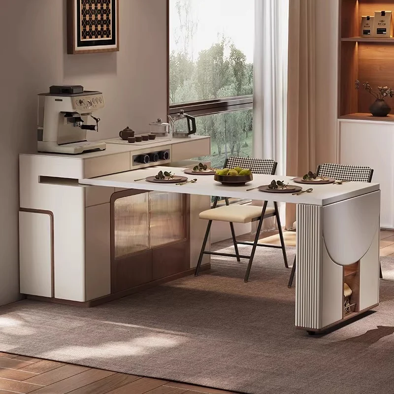 Îlot de cuisine multifonctionnel avec table pivotante à 180° et plateau semi-circulaire rabattable