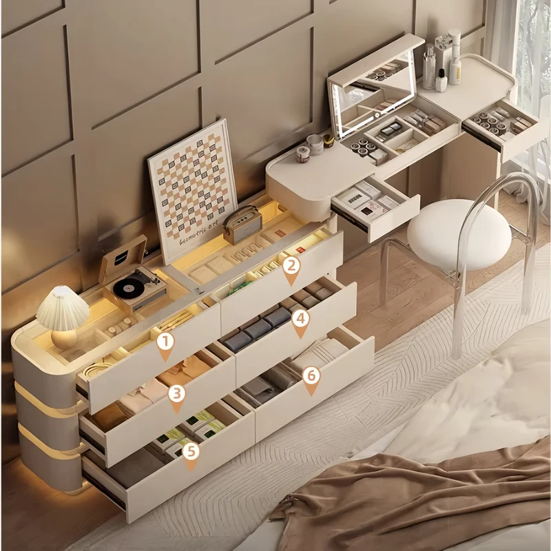 Coiffeuse moderne ultra-mince avec 6 tiroirs et éclairage LED