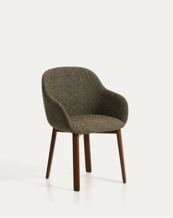 Meila chair with armrests in green chenille with legs in walnut finish.
