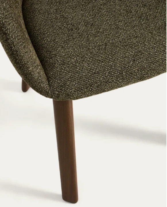 Meila chair with armrests in green chenille with legs in walnut finish.