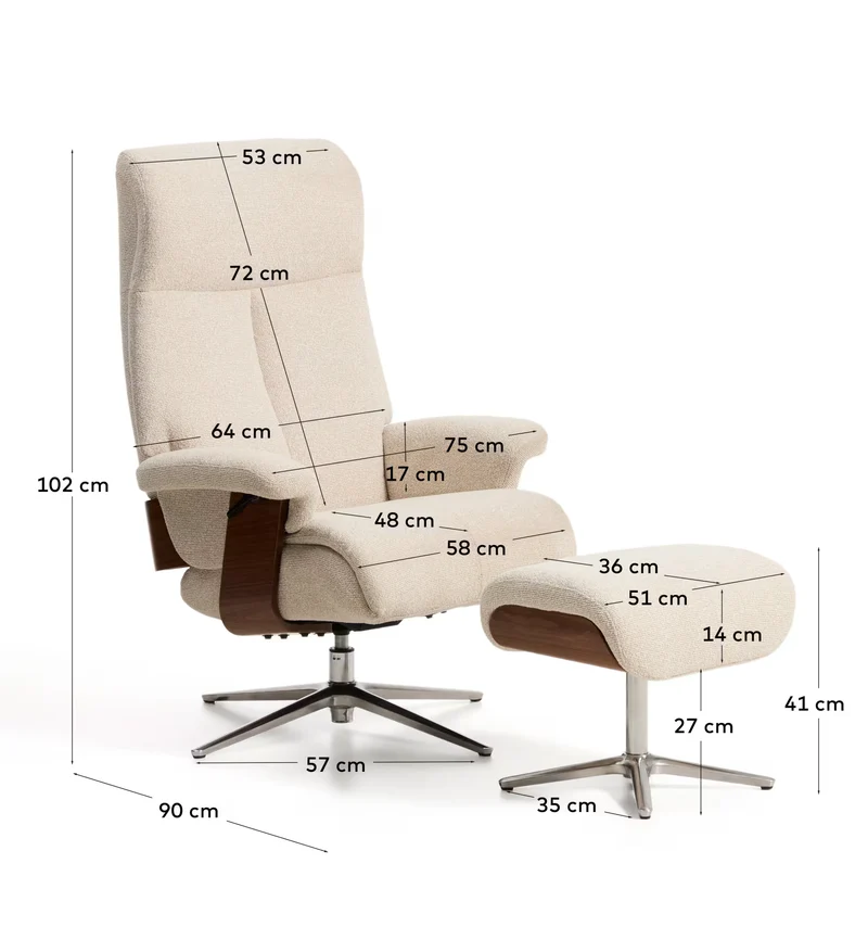 Toriel beige reclining swivel armchair with footrest and aluminium legs
