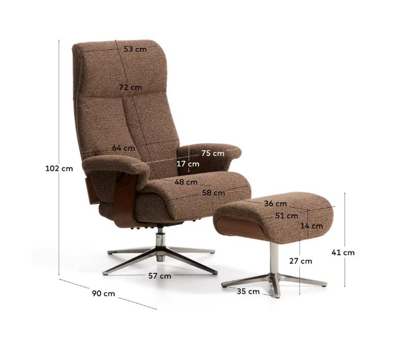 Toriel brown micro reclining swivel armchair with footrest and black legs