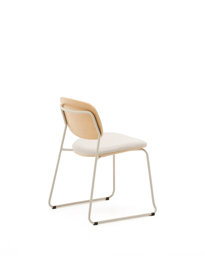 Meli stackable chair in poplar plywood with beige chenille seat and beige metal legs