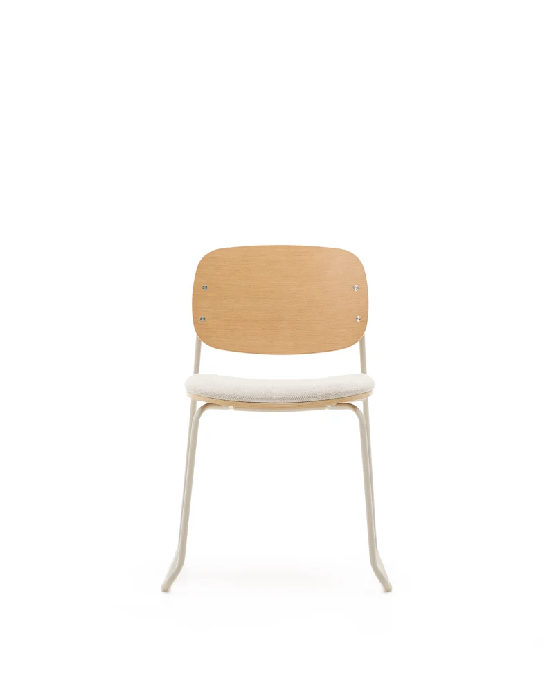 Meli stackable chair in poplar plywood with beige chenille seat and beige metal legs