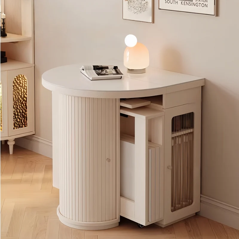 Table de salle à manger extensible en bois massif blanc crème avec rangement dissimulé et 4 chaises pliantes