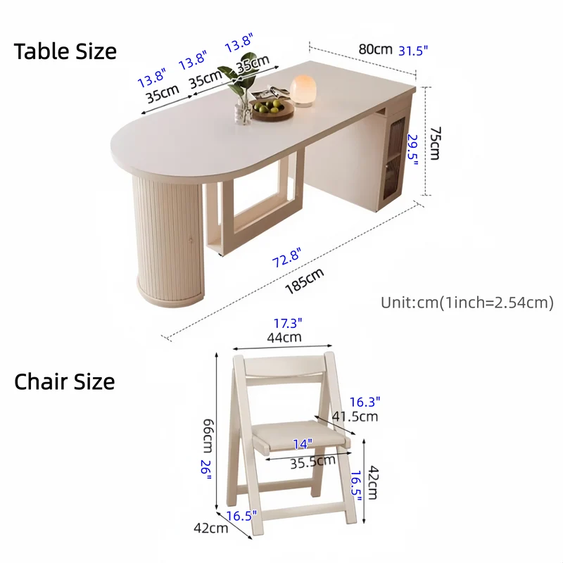 Table de salle à manger extensible en bois massif blanc crème avec rangement dissimulé et 4 chaises pliantes