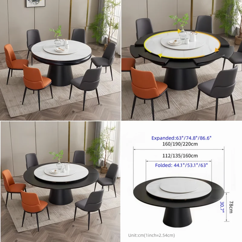 Table de salle à manger ronde avec plateau en pierre frittée et rallonge escamotable pivotante.