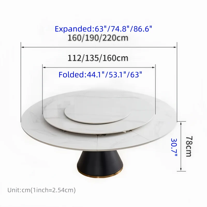 Table de salle à manger ronde avec plateau en pierre frittée et rallonge escamotable pivotante.