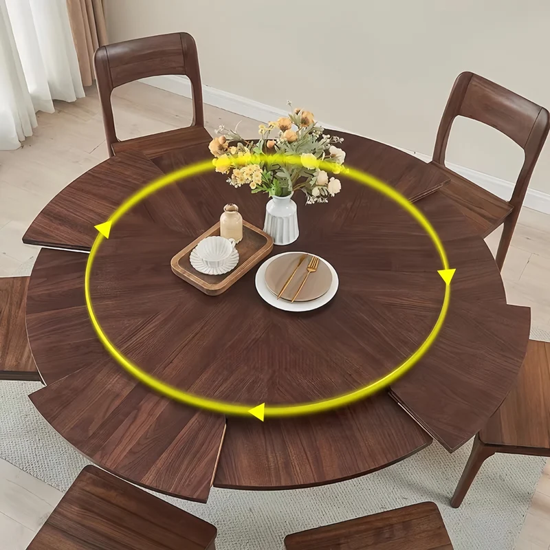 Table de salle à manger ronde en bois massif avec rallonge extensible pivotante et dissimulée