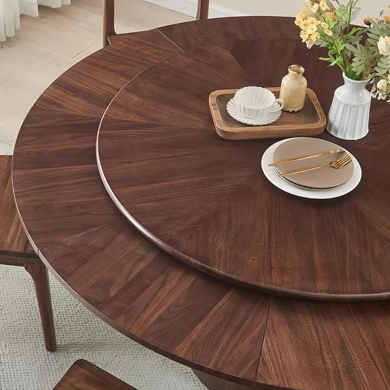 Table de salle à manger ronde en bois massif avec rallonge extensible pivotante et dissimulée