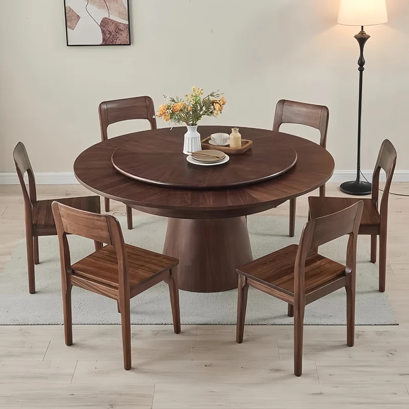 Table de salle à manger ronde en bois massif avec rallonge extensible pivotante et dissimulée