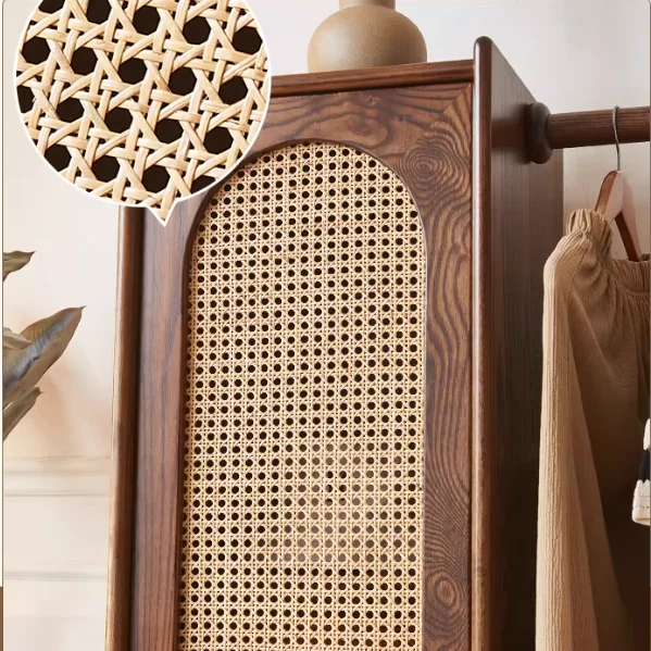 Armoire en bois de frêne massif tressé en rotin avec porte-manteau et tiroirs