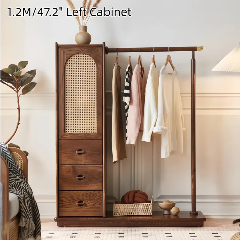Armoire en bois de frêne massif tressé en rotin avec porte-manteau et tiroirs