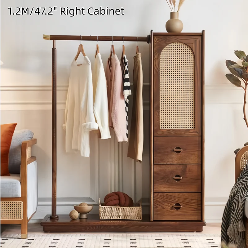 Armoire en bois de frêne massif tressé en rotin avec porte-manteau et tiroirs