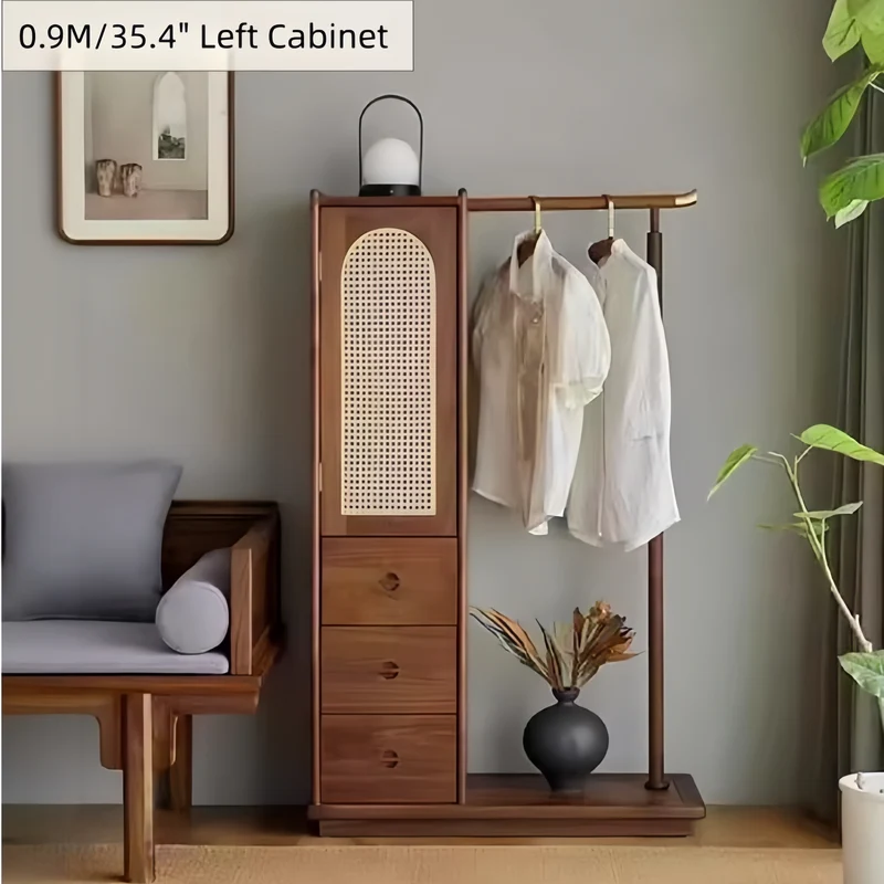 Armoire en bois de frêne massif tressé en rotin avec porte-manteau et tiroirs