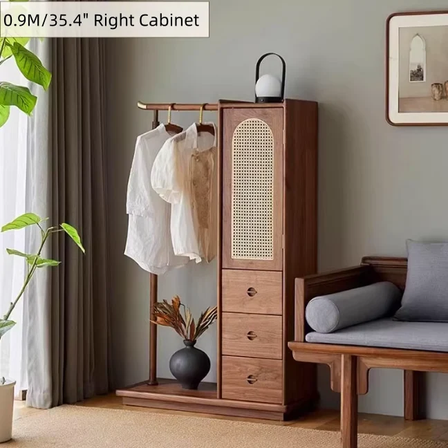 Armoire en bois de frêne massif tressé en rotin avec porte-manteau et tiroirs