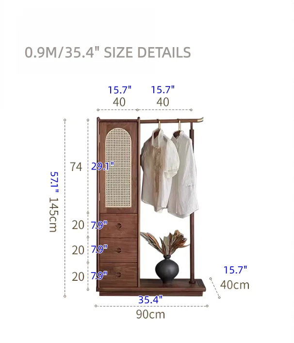 Armoire en bois de frêne massif tressé en rotin avec porte-manteau et tiroirs