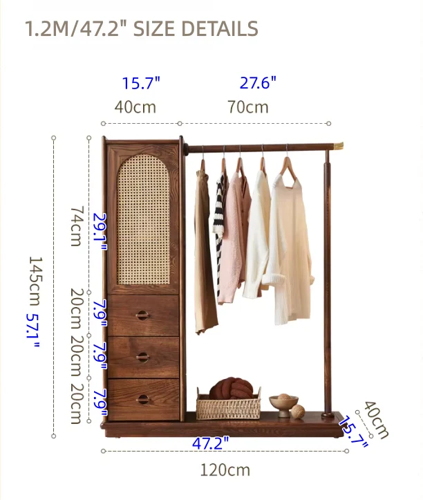 Armoire en bois de frêne massif tressé en rotin avec porte-manteau et tiroirs