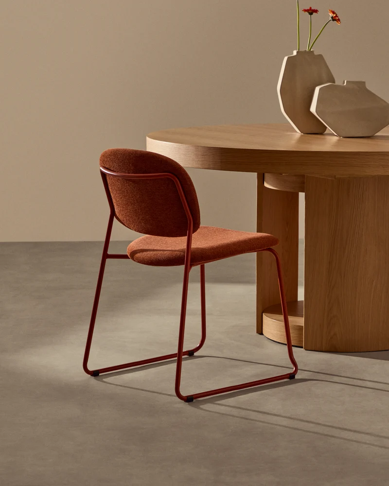 Meli stackable chair in terracotta chenille with terracotta metal legs