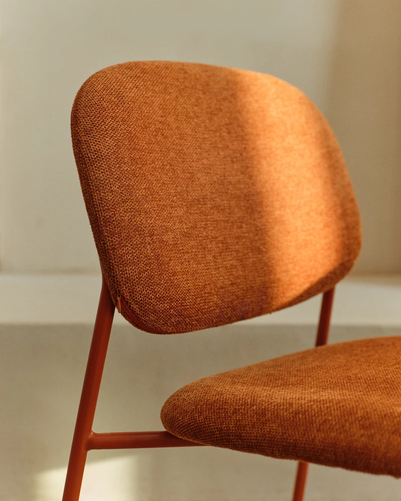 Meli stackable chair in terracotta chenille with terracotta metal legs
