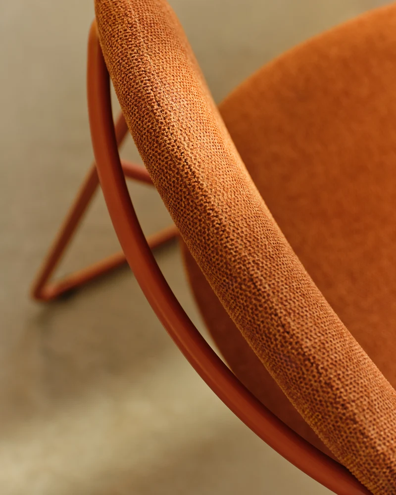 Meli stackable chair in terracotta chenille with terracotta metal legs