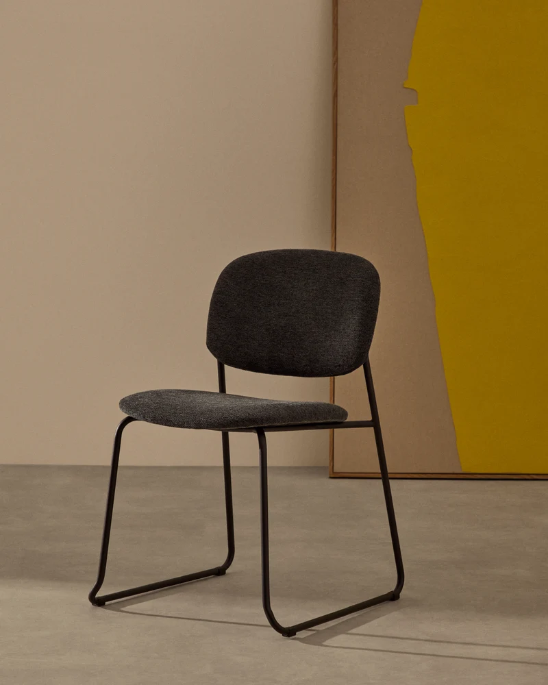 Meli stackable chair in grey chenille with grey metal legs