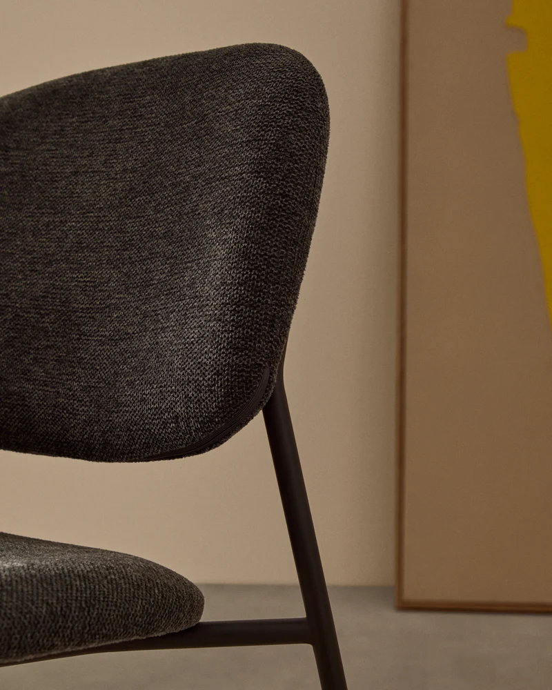 Meli stackable chair in grey chenille with grey metal legs