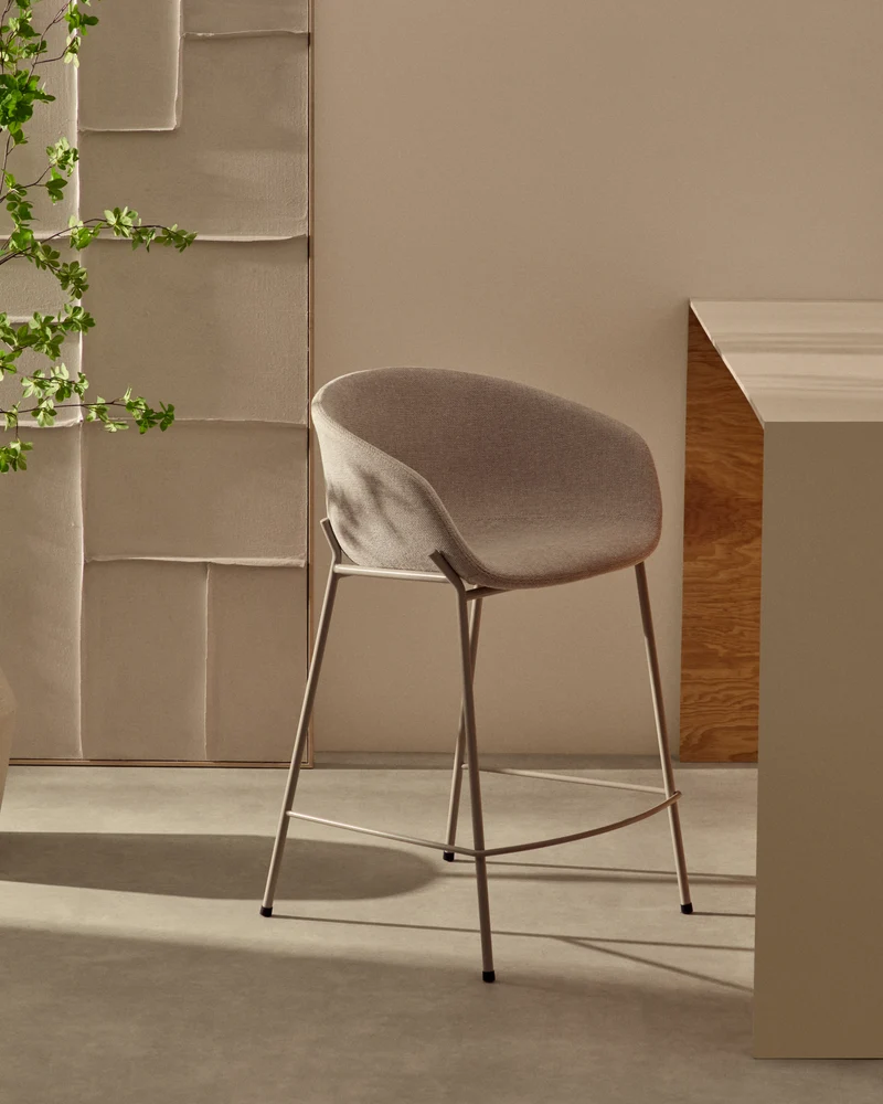 Yvette stool in beige chenille and steel legs in a beige finish 75 cm