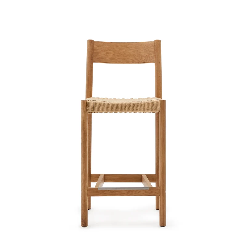 Yalia stool with a backrest in solid oak wood in a natural finish and rope cord seat 65 cm