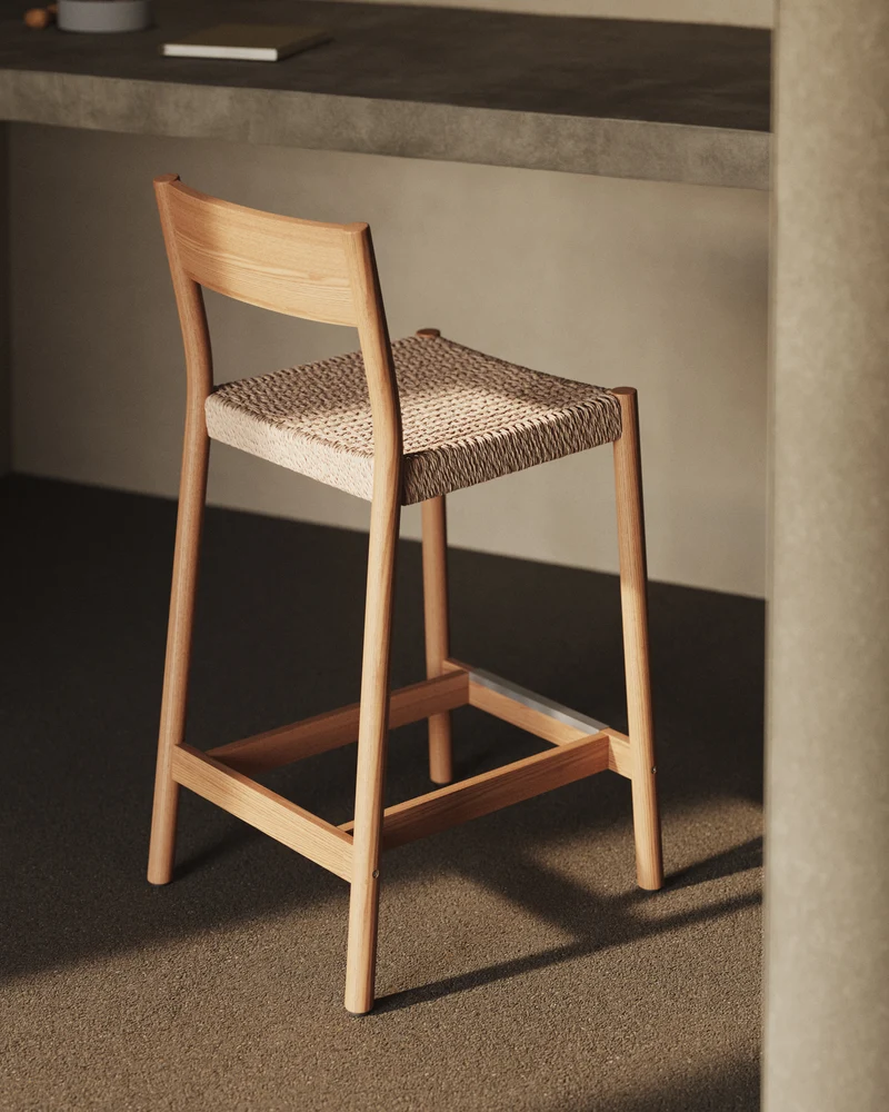 Yalia stool with a backrest in solid oak wood in a natural finish and rope cord seat 65 cm