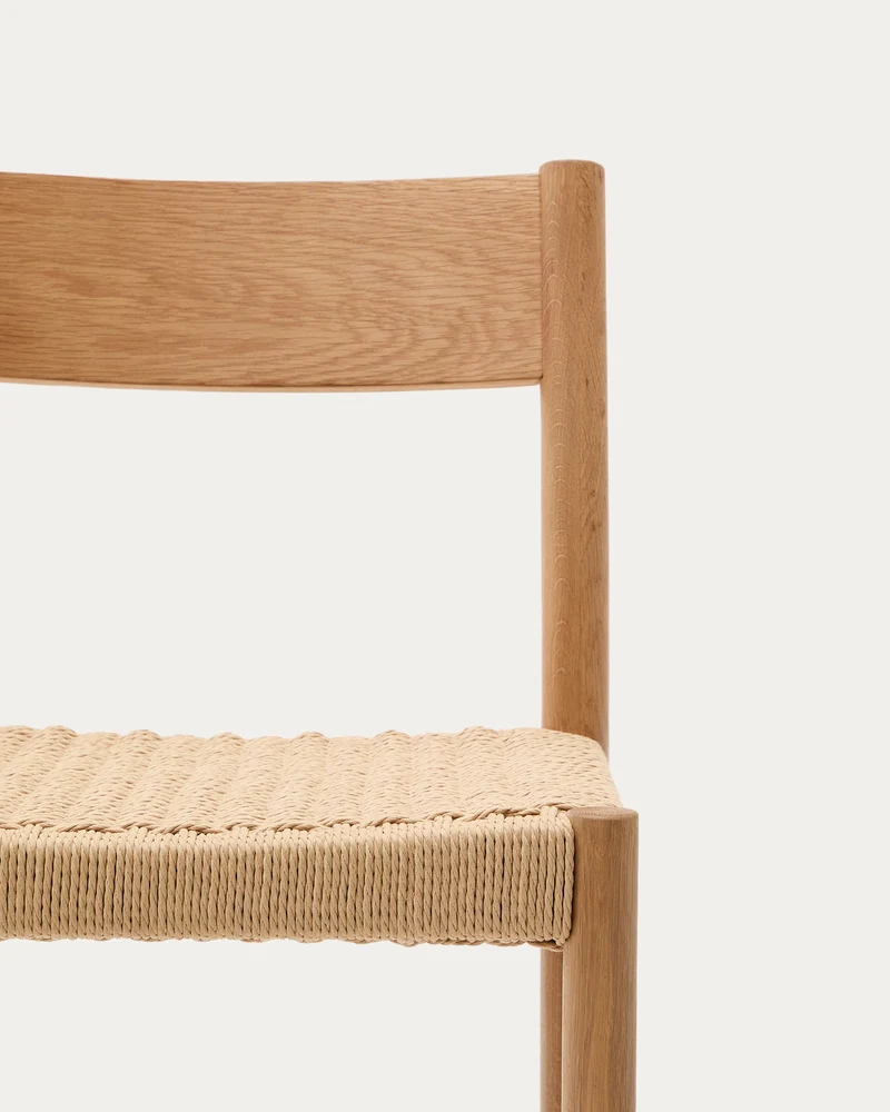 Yalia stool with a backrest in solid oak wood in a natural finish and rope cord seat 65 cm