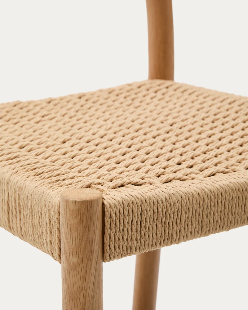 Yalia stool with a backrest in solid oak wood in a natural finish and rope cord seat 65 cm