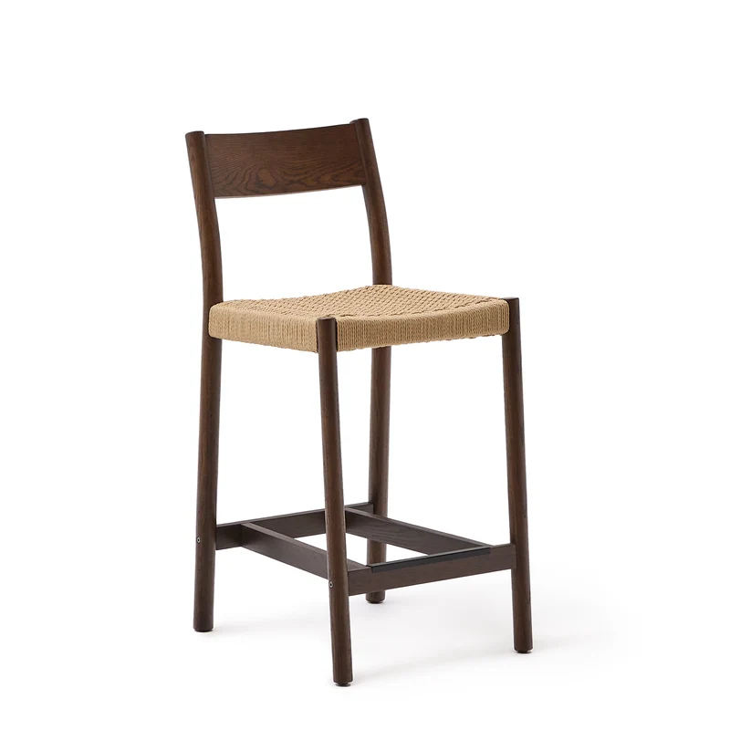 Yalia stool with a backrest in solid oak wood in a walnut finish and rope cord seat 65 cm