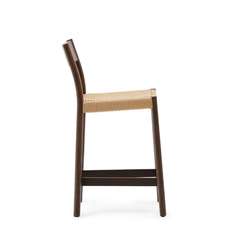 Yalia stool with a backrest in solid oak wood in a walnut finish and rope cord seat 65 cm